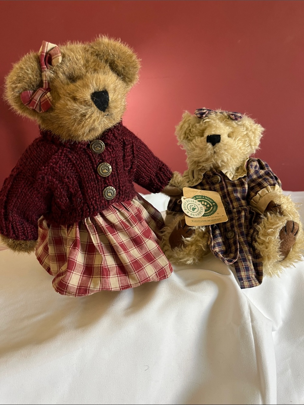 Boyds Bears Vintage Burgundy & Plaid Collectible Teddy Pair